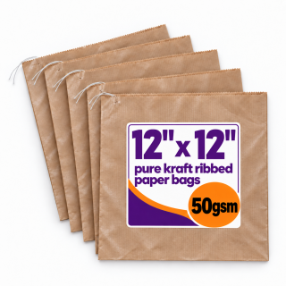 12" x 12" Brown Pure Kraft Ribbed Paper Bags — 50gsm