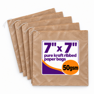 7" × 7" Brown Pure Kraft Ribbed Paper Bags — 50gsm