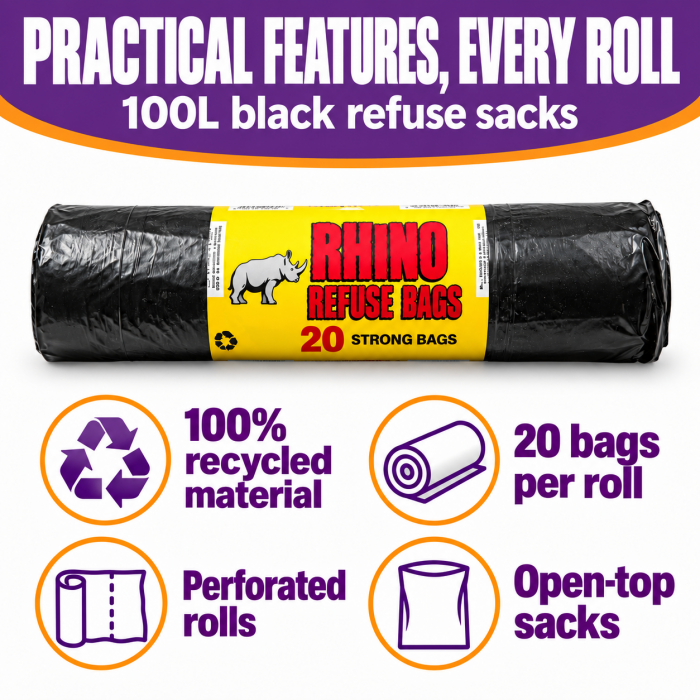 Heavy Duty Black Bin Bags on a Roll (20 Bags / Roll)