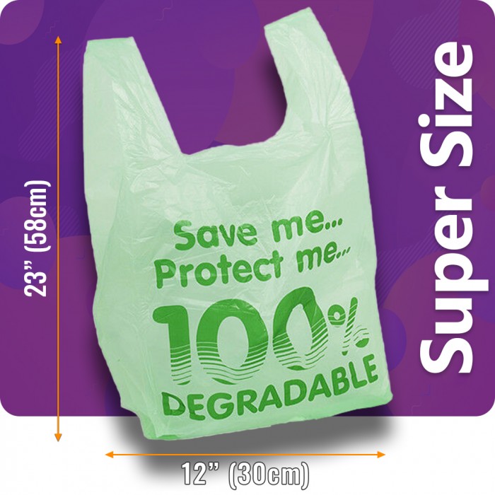 Jumbo 100% Degradable Green Heavy Duty Vest Carrier Bags - 12 x 19 x 23"