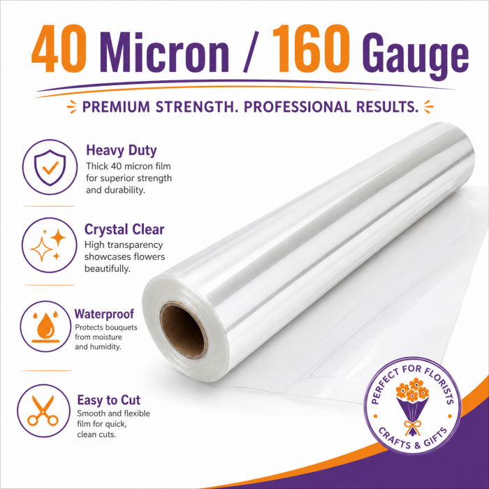 80cm x 100m Clear BOPP Cellophane Wrap Roll, 40 Micron