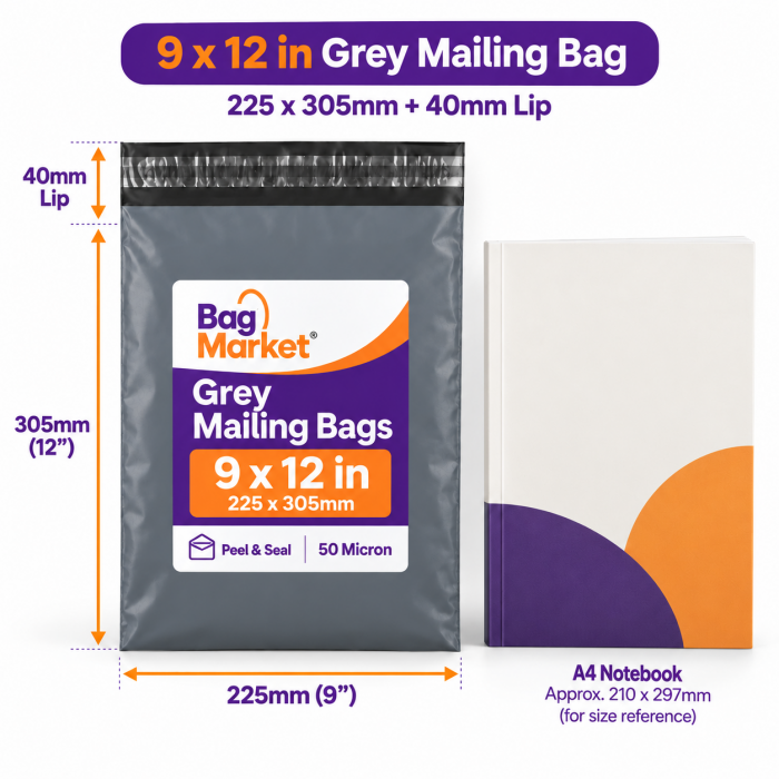 9" x 12" Grey Mailing Bags – 230 x 300mm | 50 Micron Peel & Seal