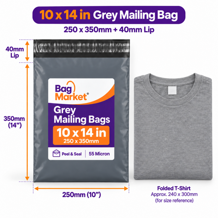 10" x 14" Grey Mailing Bags – 250 x 350mm | 55 Micron Peel & Seal 10" x 14" Grey Mailing Bags – 250 x 350mm | 55 Micron Peel & Seal