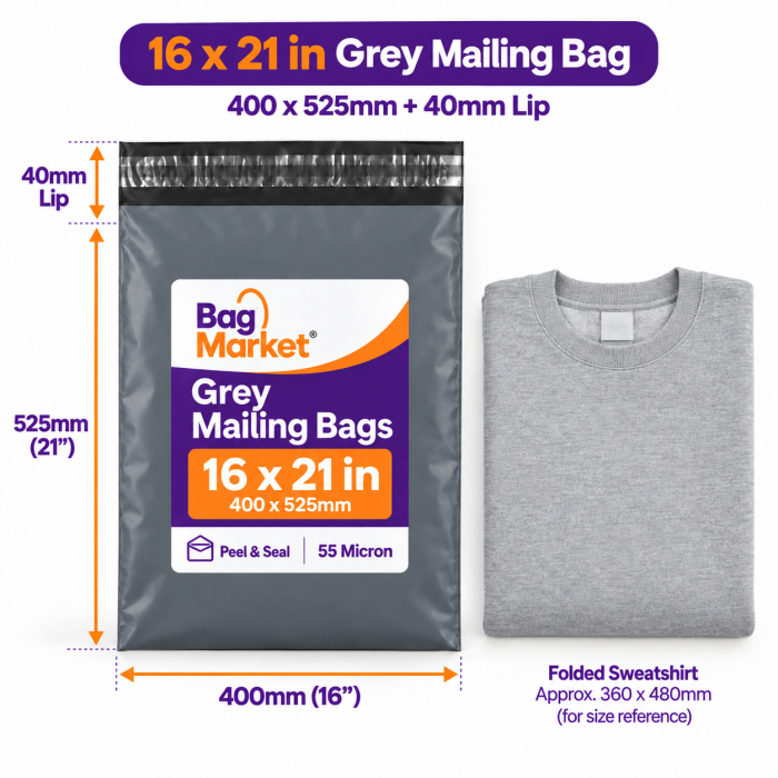 16" x 21" Grey Mailing Bags – 400 x 525mm| 55 Micron Peel & Seal 16" x 21" Grey Mailing Bags – 400 x 525mm| 55 Micron Peel & Seal
