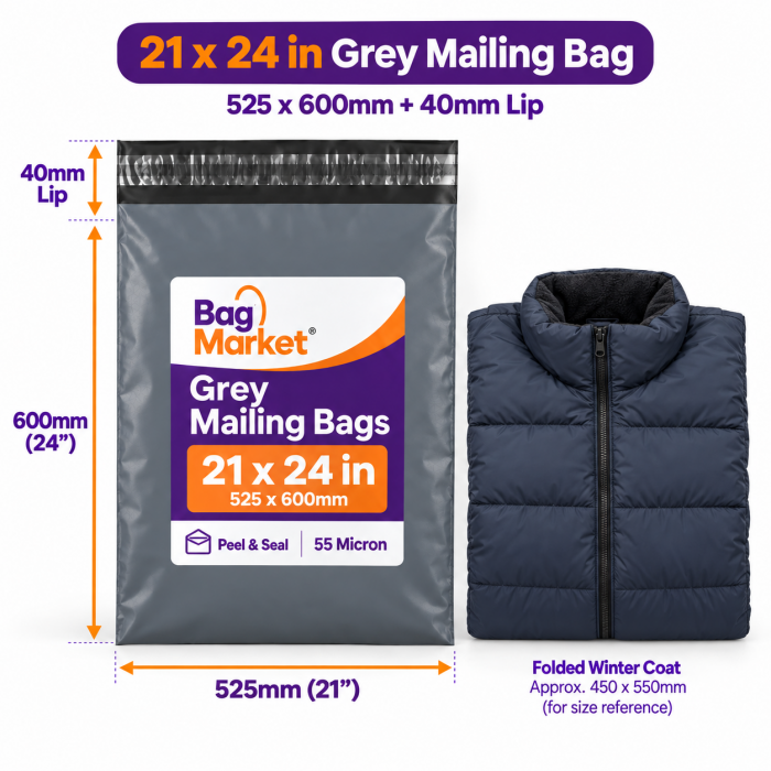 21" x 24" Grey Mailing Bags – 525 x 600mm | 55 Micron Peel & Seal