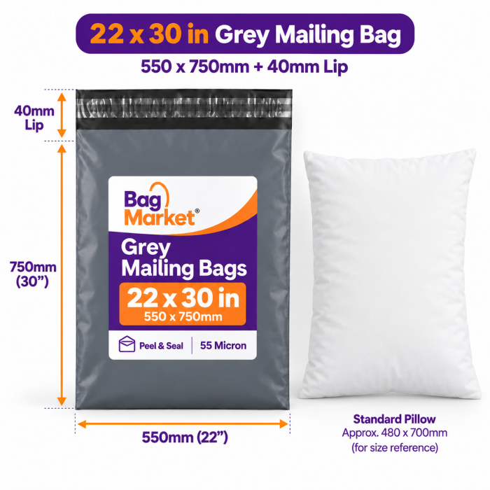 22" x 30" Grey Mailing Bags – 550 x 750mm | 55 Micron Peel & Seal