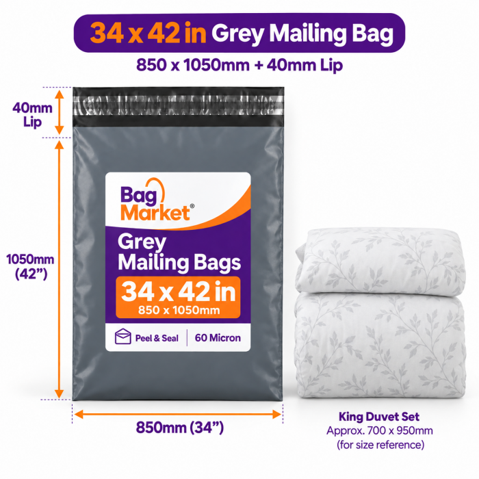 34" x 42" Grey Mailing Bags – 850 x 1050mm | 60 Micron Peel & Seal