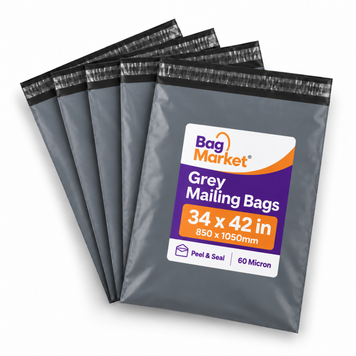 34" x 42" Grey Mailing Bags – 850 x 1050mm | 60 Micron Peel & Seal