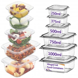 1000ml Clear Plastic Hinged Lid Salad Food Containers (50 / Pack)