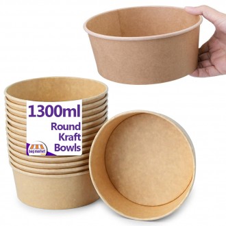 1300ml Round Kraft Food Salad Bowls (184mm Diameter)
