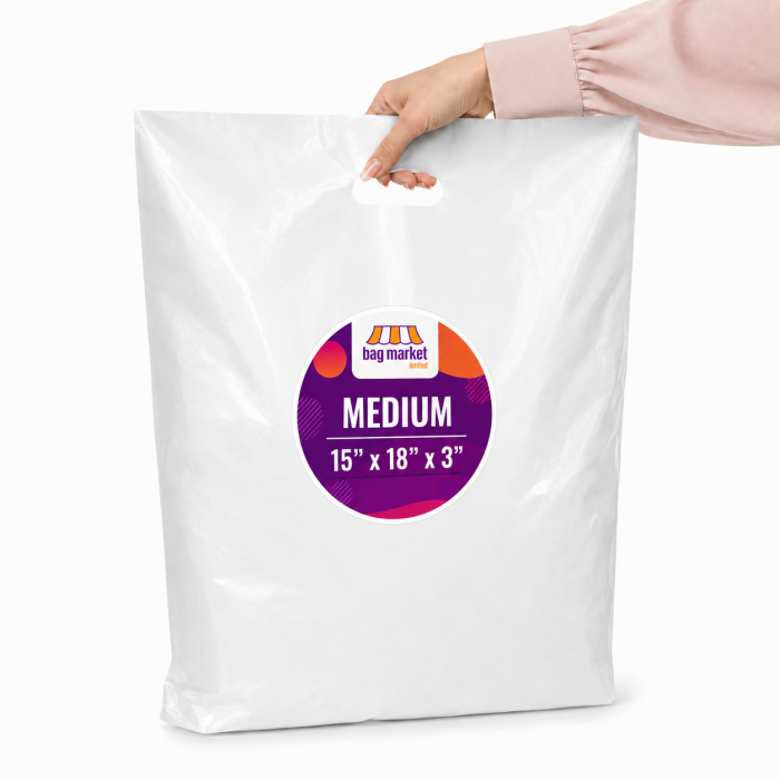 Medium 15" x 18" x 3" White Patch Handle Carrier Bags