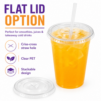 Clear Flat Smoothie Lids (95mm) - Cross Cut Straw Hole - 10oz, 12oz, 16oz