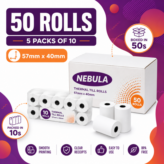 57 x 40mm Thermal Paper Credit Card Till Rolls (50 Rolls / Case)