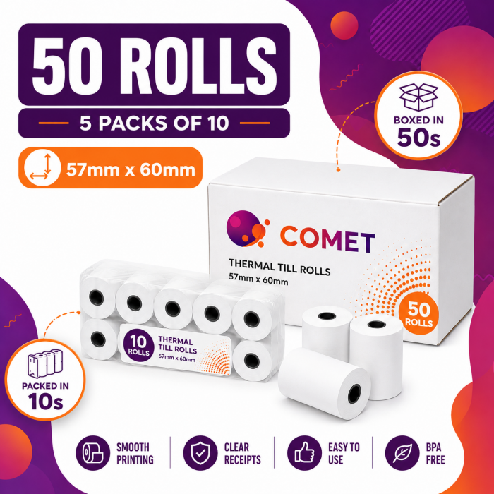 57 x 60mm Thermal Reciept Paper Till Rolls (50 Rolls / Case)