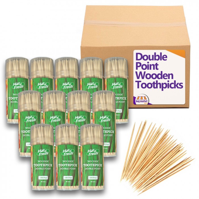 Wooden Toothpicks (80mm x 2mm) - 4,800 Double Pointed Sticks (100 per Pack / 48 Packs per Case)