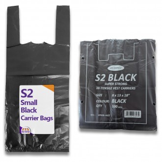 Small (S2) Black Heavy Duty Vest Carrier Bags - 8" x 13" x 18"