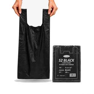 Small (S2) Black Heavy Duty Vest Carrier Bags - 8" x 13" x 18"