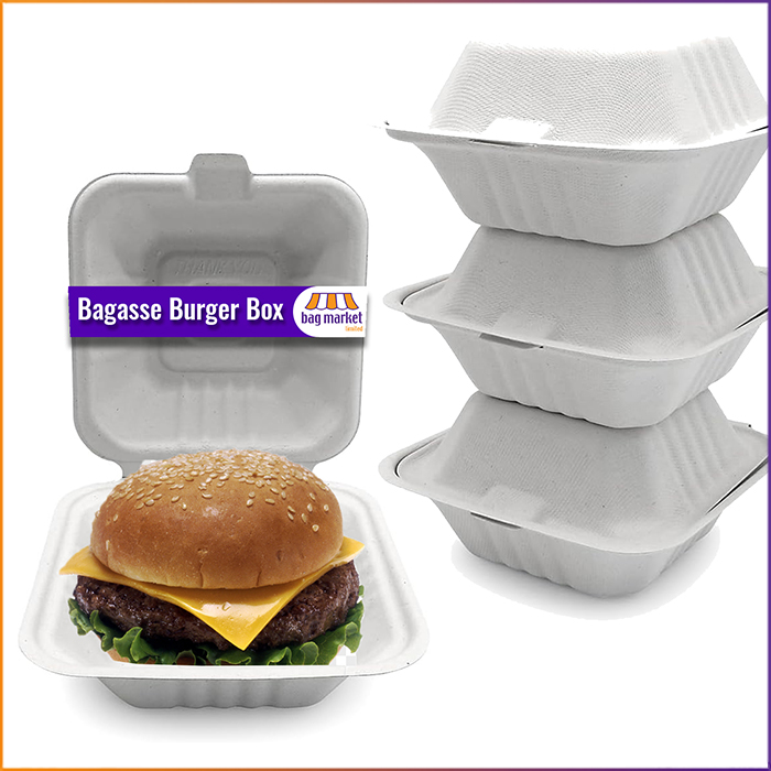  6" x 6" - Bagasse Takeaway Food / Burger Boxes (HP6) - 450ml - 1 Compartment