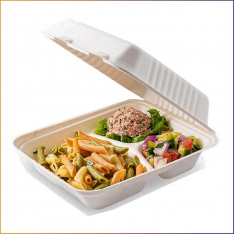 9" x 9" - Bagasse Takeaway Food / Lunch Boxes (MP3) - 1450ml - 3 Compartments