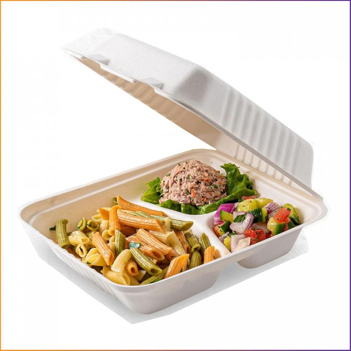 9" x 9" - Bagasse Takeaway Food / Lunch Boxes (MP3) - 1450ml - 3 Compartments