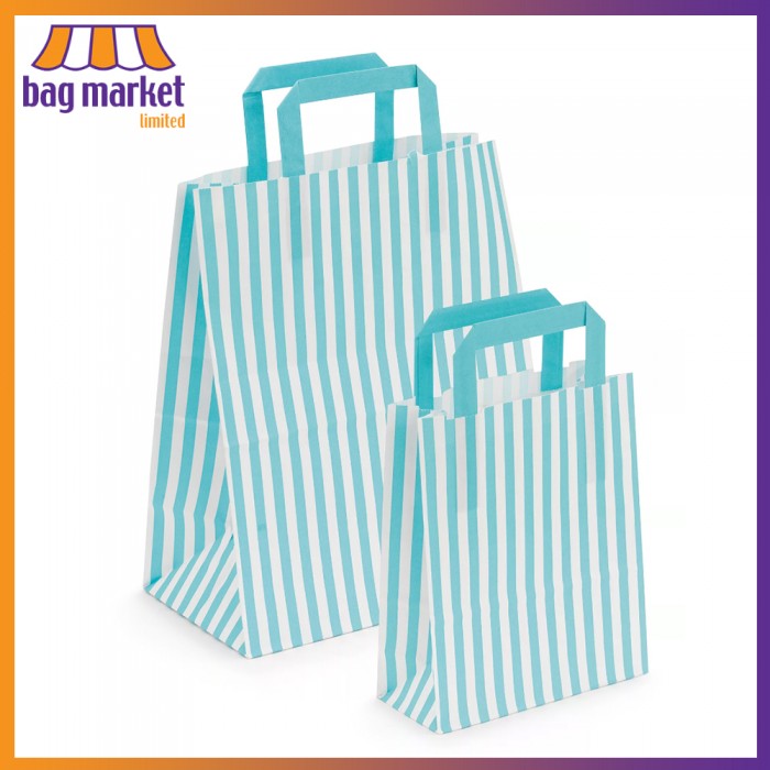 Small - 18 x 8 x 23cm - Blue Aqua - Candy Stripe Paper Carrier Bags