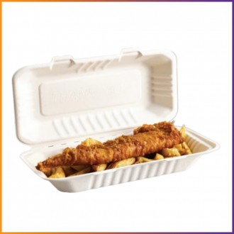 13" x 6" - Bagasse Takeaway 'Fish and Chip' Meal Boxes (HB11) - 1 Compartment