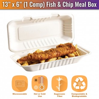 13" x 6" - Bagasse Takeaway 'Fish and Chip' Meal Boxes (HB11) - 1 Compartment