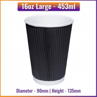 Large - 16oz / 453ml -  Black Ripple Wall Paper Cups - 90mm - Takeaway, Coffee