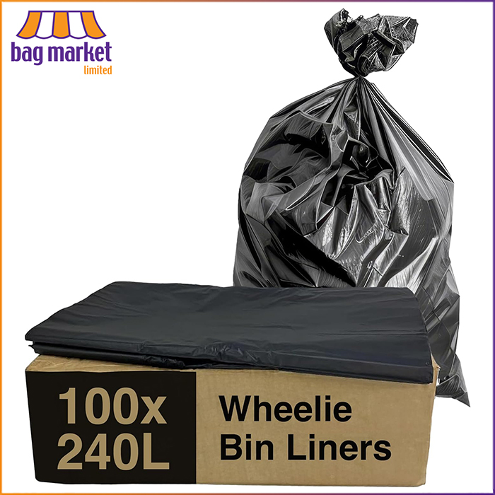 Black Wheelie Bin Liners - Medium Duty - 240 Litre - 100 Bags Black Wheelie Bin Liners - Medium Duty - 240 Litre - 100 Bags
