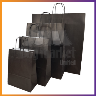 Small - 18 x 24 x 8cm - Black Paper Carrier Bags - Ribbed Pure Kraft - Twist Handles