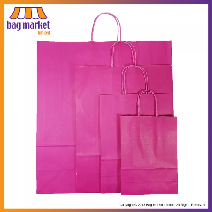 Medium - 24 x 31 x 11cm - Pink Cerise Paper Carrier Bags - Ribbed Pure Kraft - Twist Handles