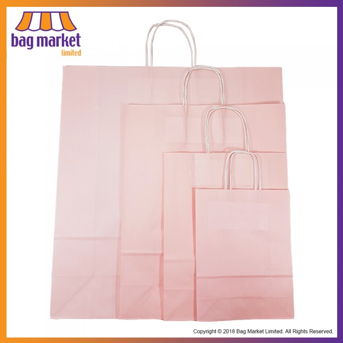 Small - 18 x 24 x 8cm - Light Pink Paper Carrier Bags - Ribbed Pure Kraft - Twist Handles