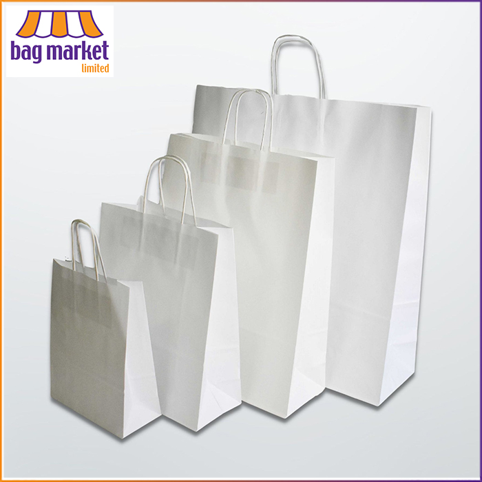 Medium - 24 x 31 x 11cm - White Paper Carrier Bags - Ribbed Pure Kraft - Twist Handles Medium - 24 x 31 x 11cm - White Paper Carrier Bags - Ribbed Pure Kraft - Twist Handles