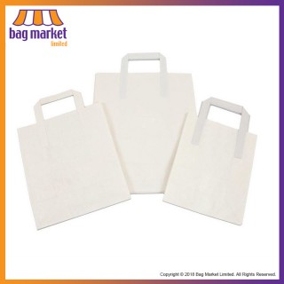 Medium - 22cm x 25cm x 11cm - White SOS Paper Carrier Bags - Flat Handles, Takeaway
