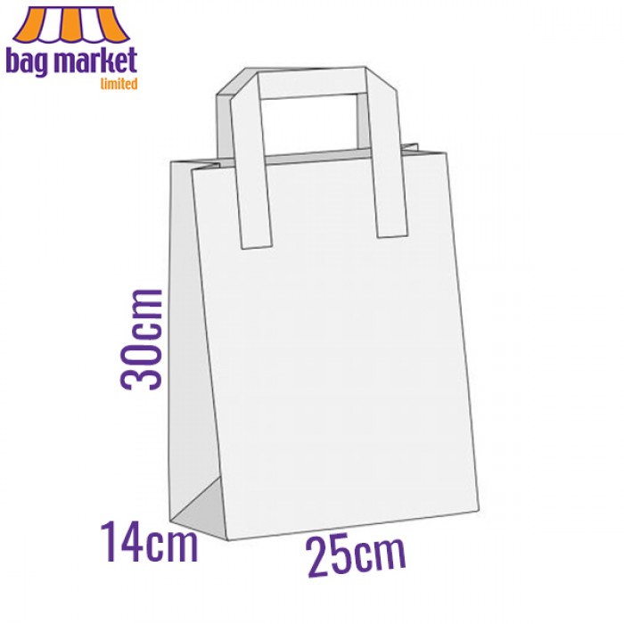 Large - 25cm x 30cm x 14cm - White SOS Paper Carrier Bags - Flat Handles, Takeaway